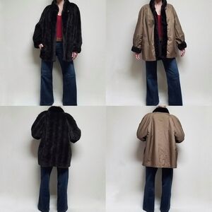 Vintage 70s Reversible Brown Faux Fur Raincoat Standing Collar Midi Coat 14